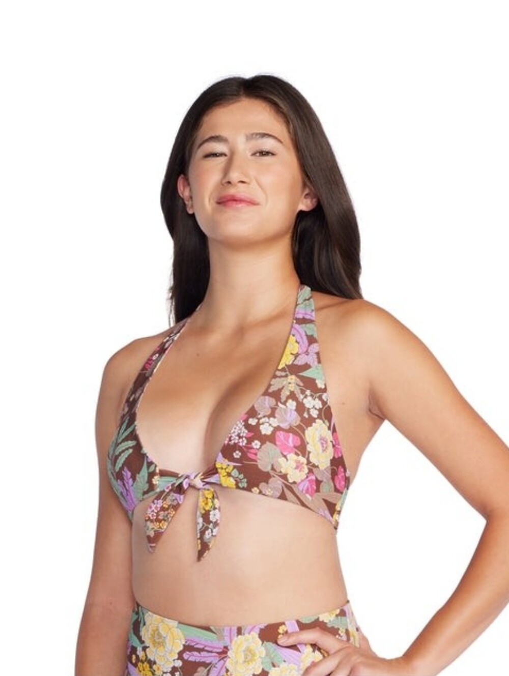 Speedo Brown Floral Tie-Front Halter Bikini Top XL New